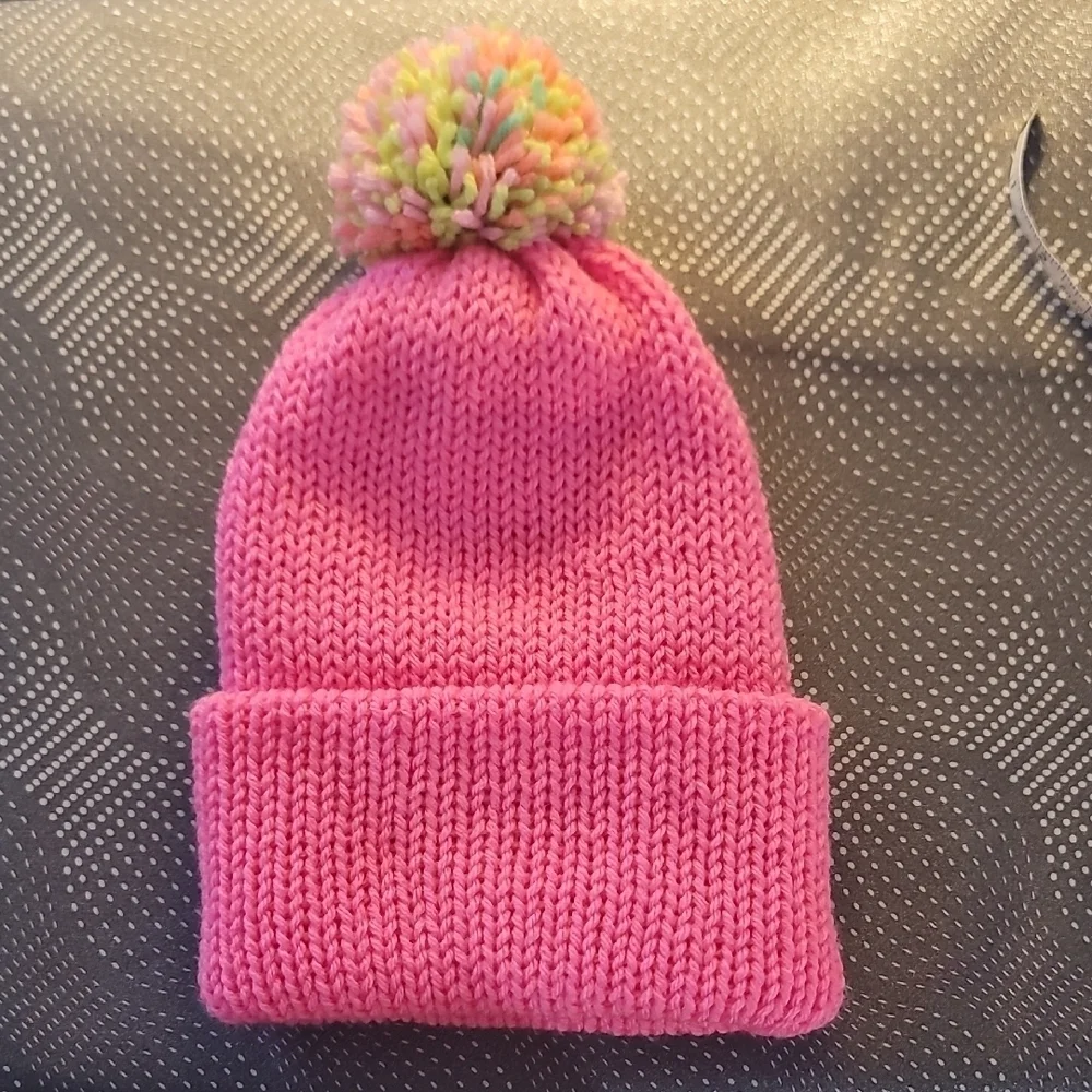Handmade Pink Knit Beanie with Multicolor Pom-Pom